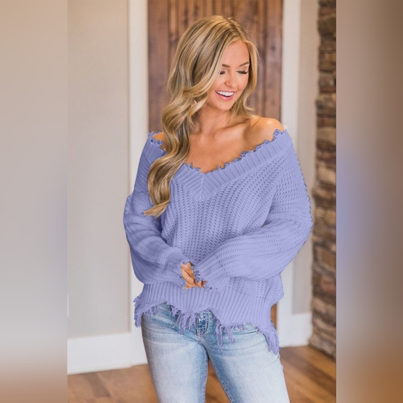 Distressed Raw Hem Off Shoulder Wide Neck Long Sleeve Waffle Knit Sweater Shirt - Picture 4 of 6